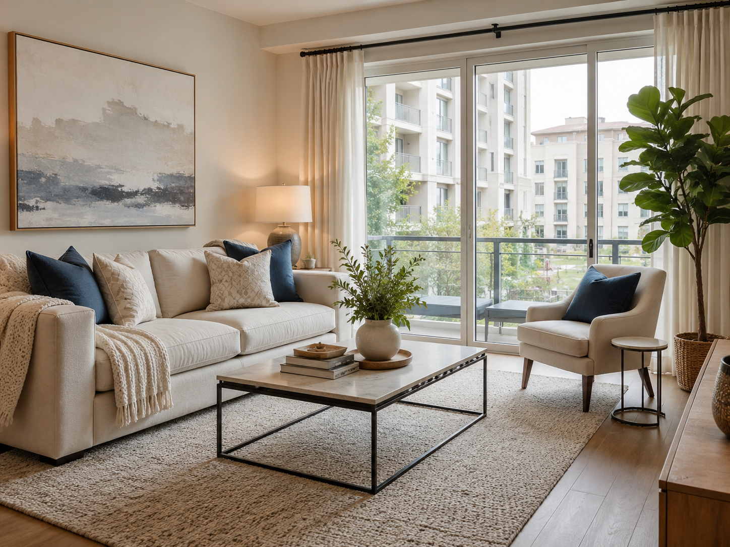 Bright new condo living room set up with warm furniture and plants