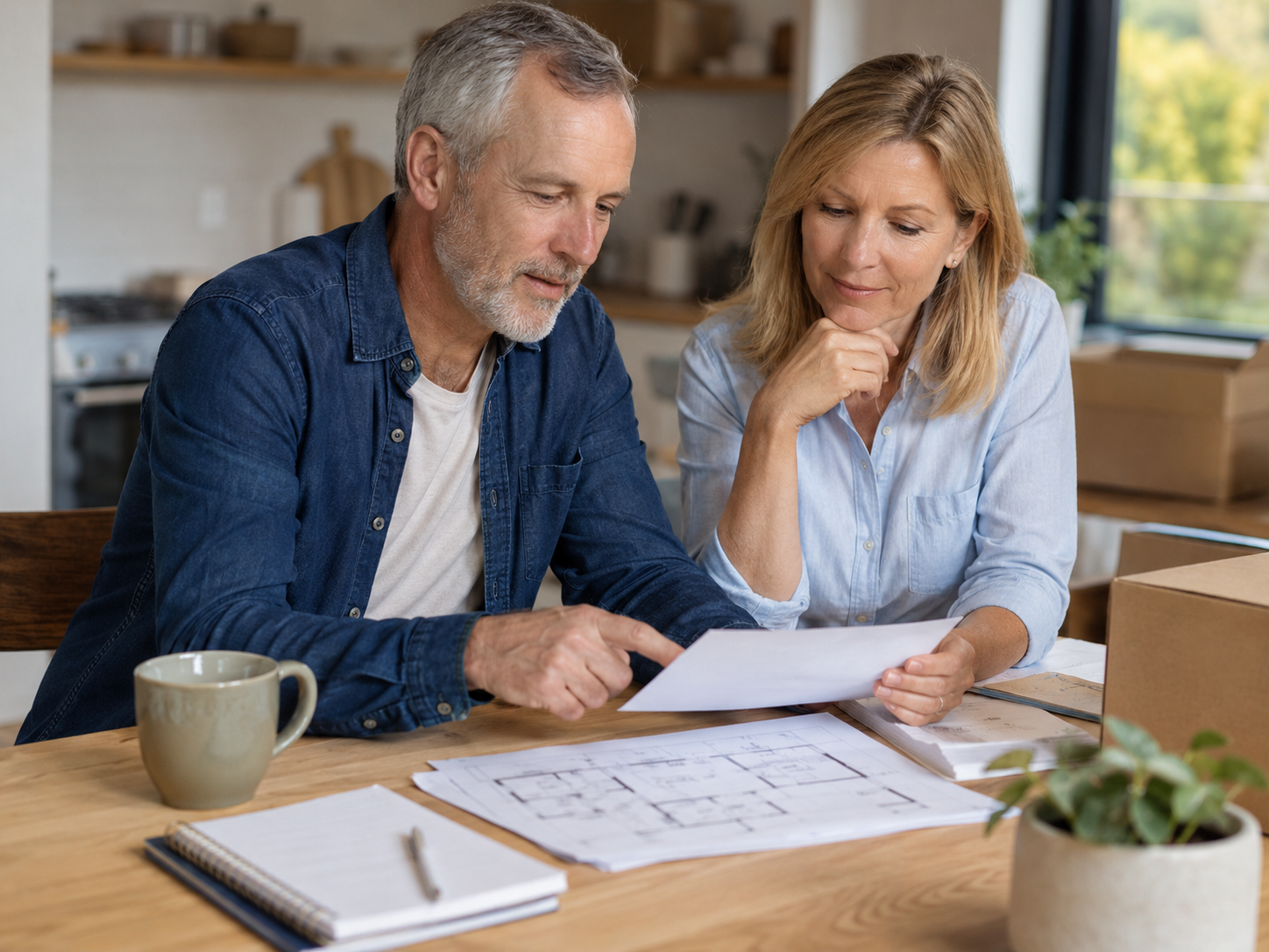 Couple planning their downsizing move at a kitchen table with papers and a floor plan