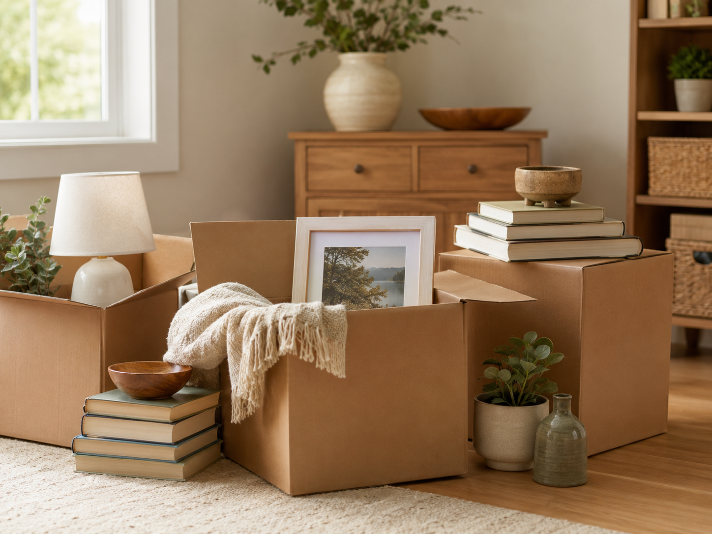 Boxes and meaningful belongings organized in a warm home before a move
